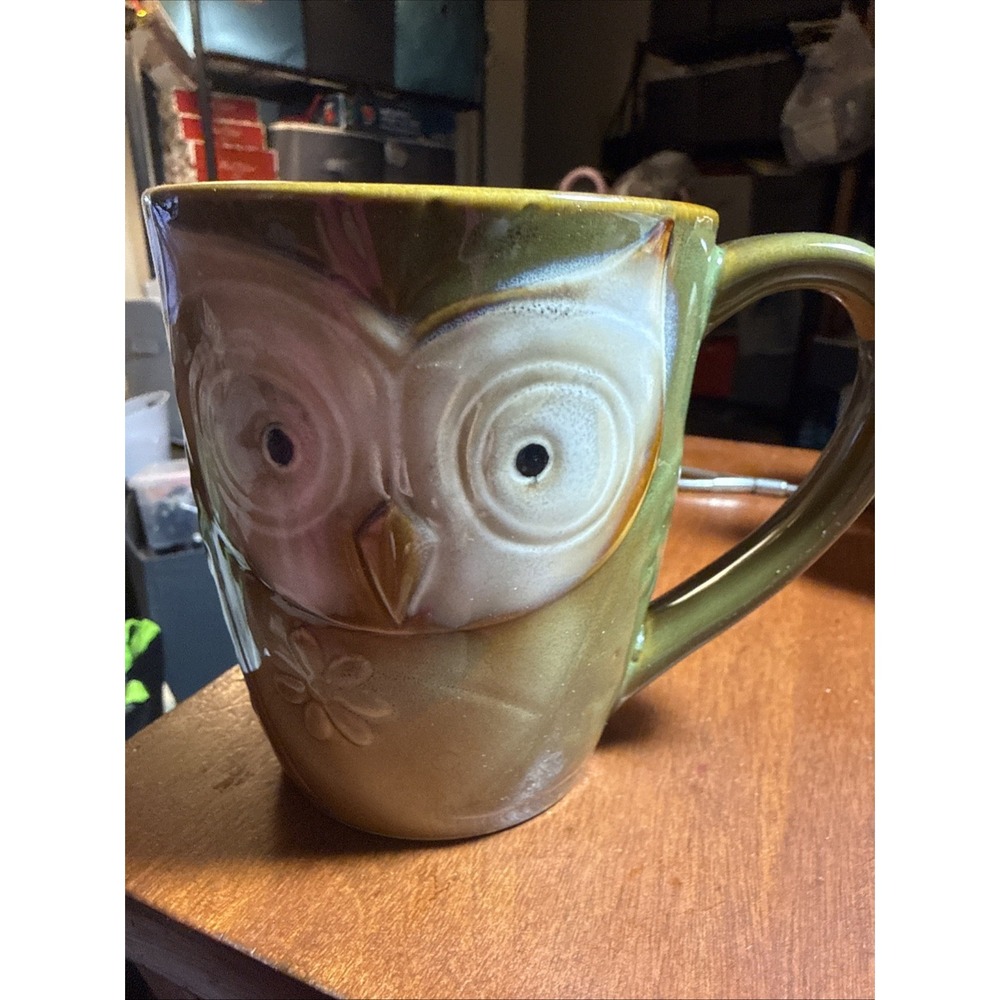 Gibson Home Glazed Ceramic Large Green/Brown Owl Coffee Cup Mug Collectible 12oz
